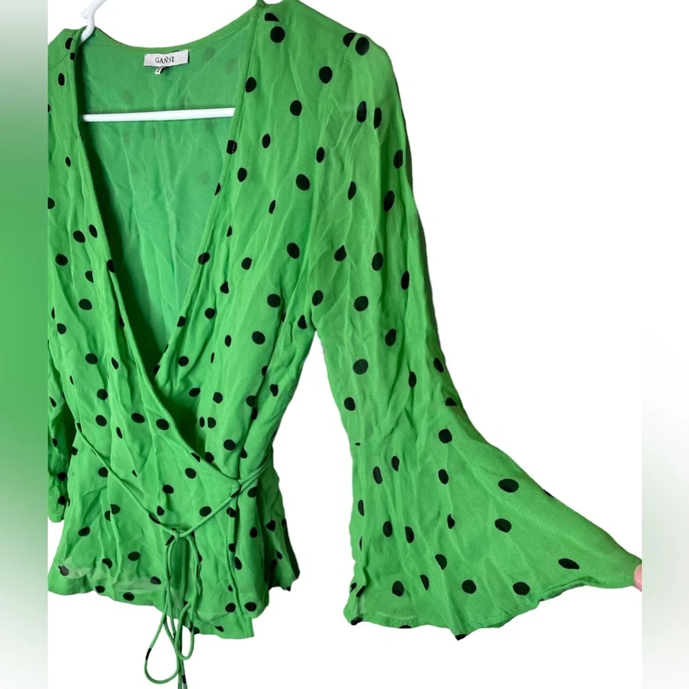 Ganni Dainty Georgette Green Polka Dot Bell Sleeve Wrap Top Size 36 (US 4-6)_4